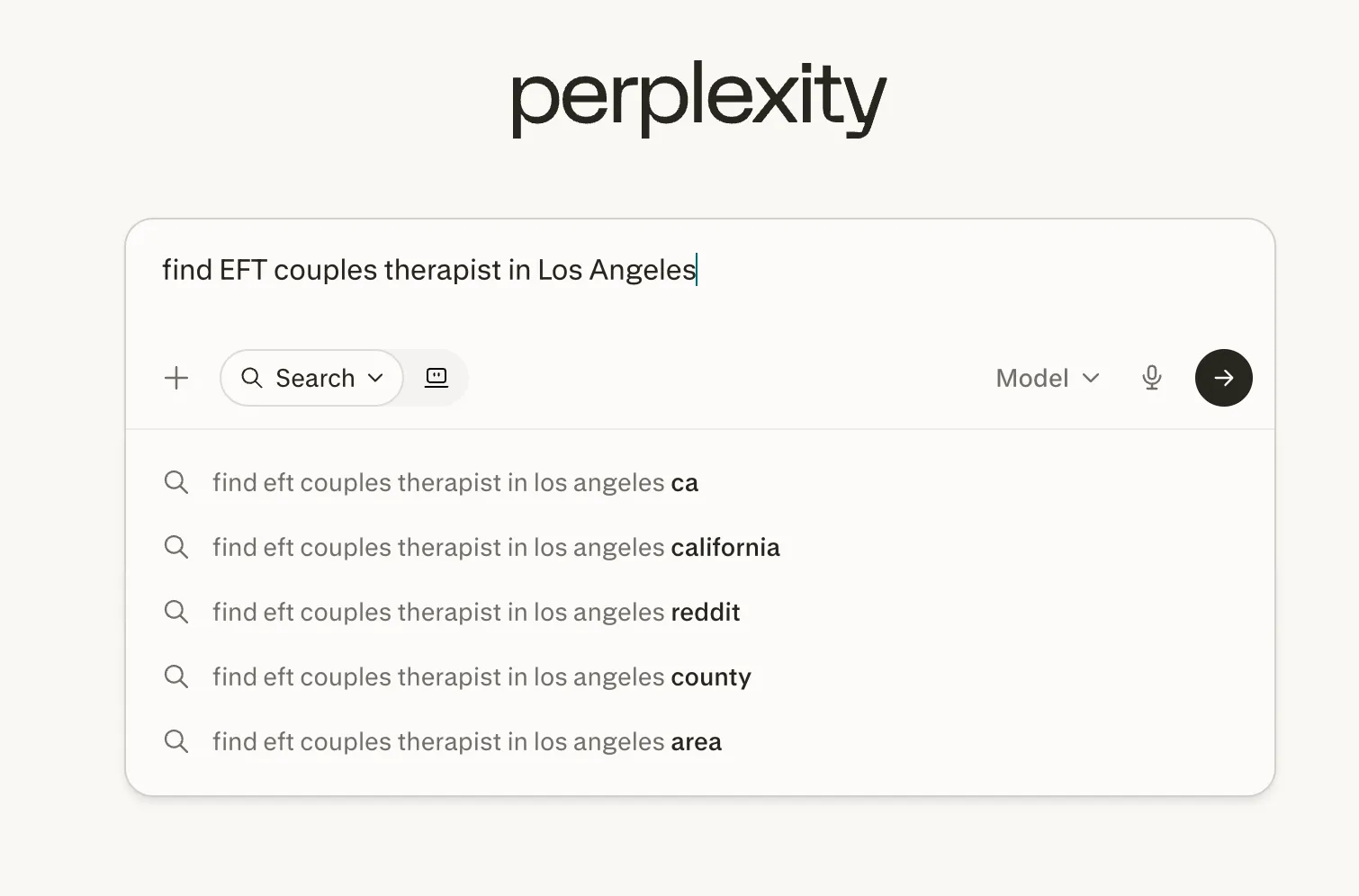 Perplexity AI search bar with the query 'find EFT couples therapist in Los Angeles' and autocomplete suggestions