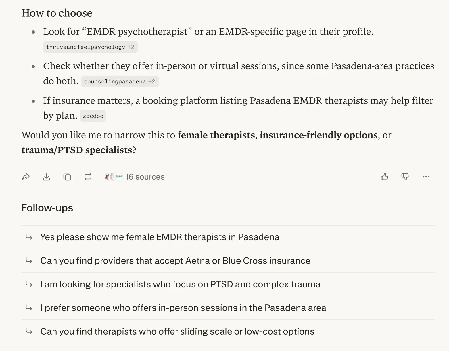 Perplexity follow-up suggestions for an EMDR therapist search, showing filters for gender, insurance, trauma specialty, session format, and sliding scale