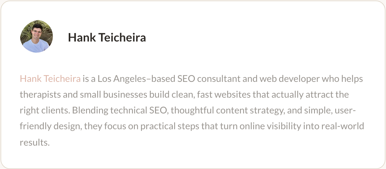Squarespace author profile styled as a card — circular avatar on the left, bold name and bio paragraph on the right, with a subtle border