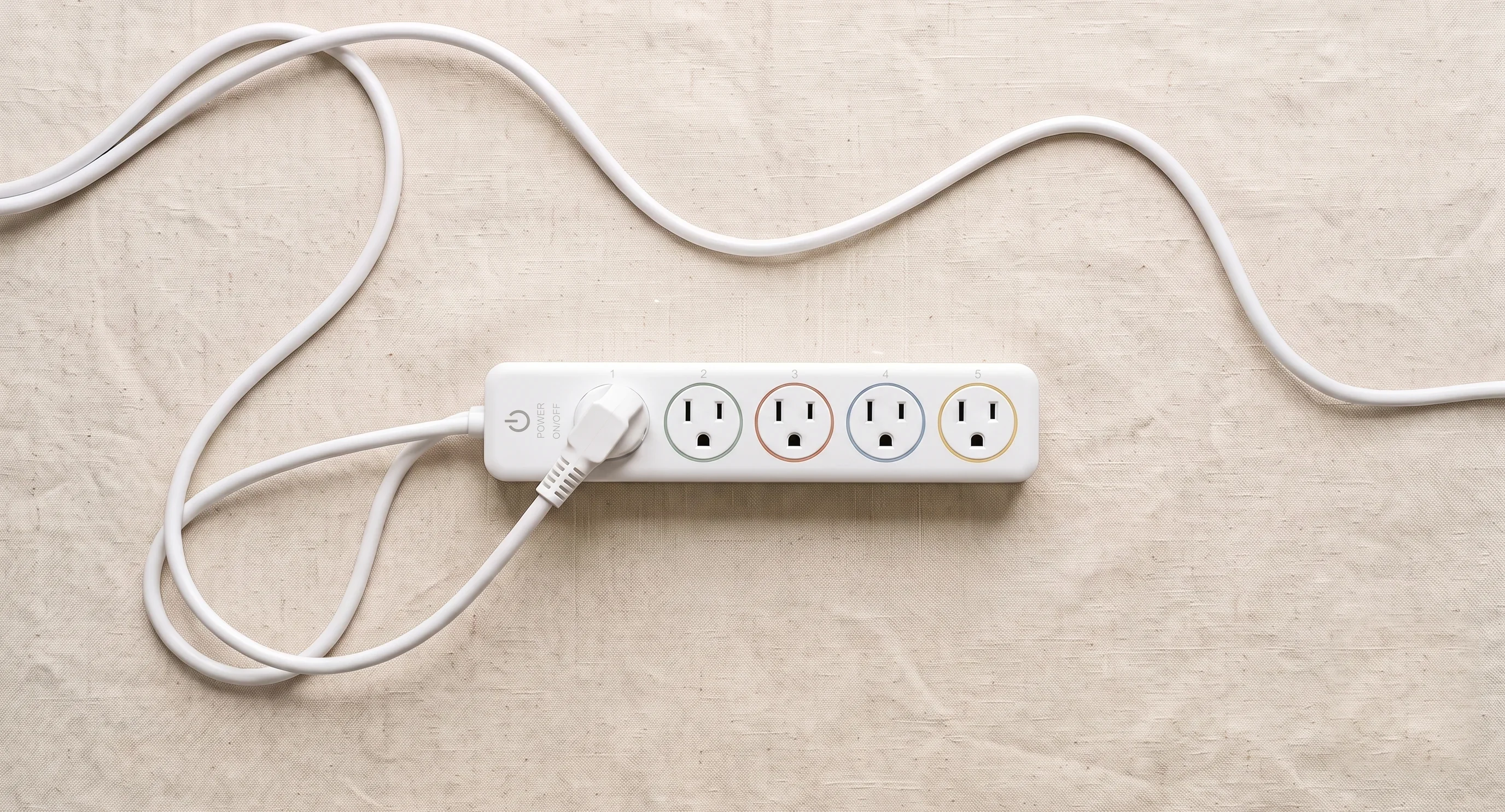 Power strip with a cord plugged in on a cream linen background — a visual pun on blog plugins