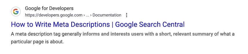 Search result for Google developer webpage about how to write quality meta descriptions