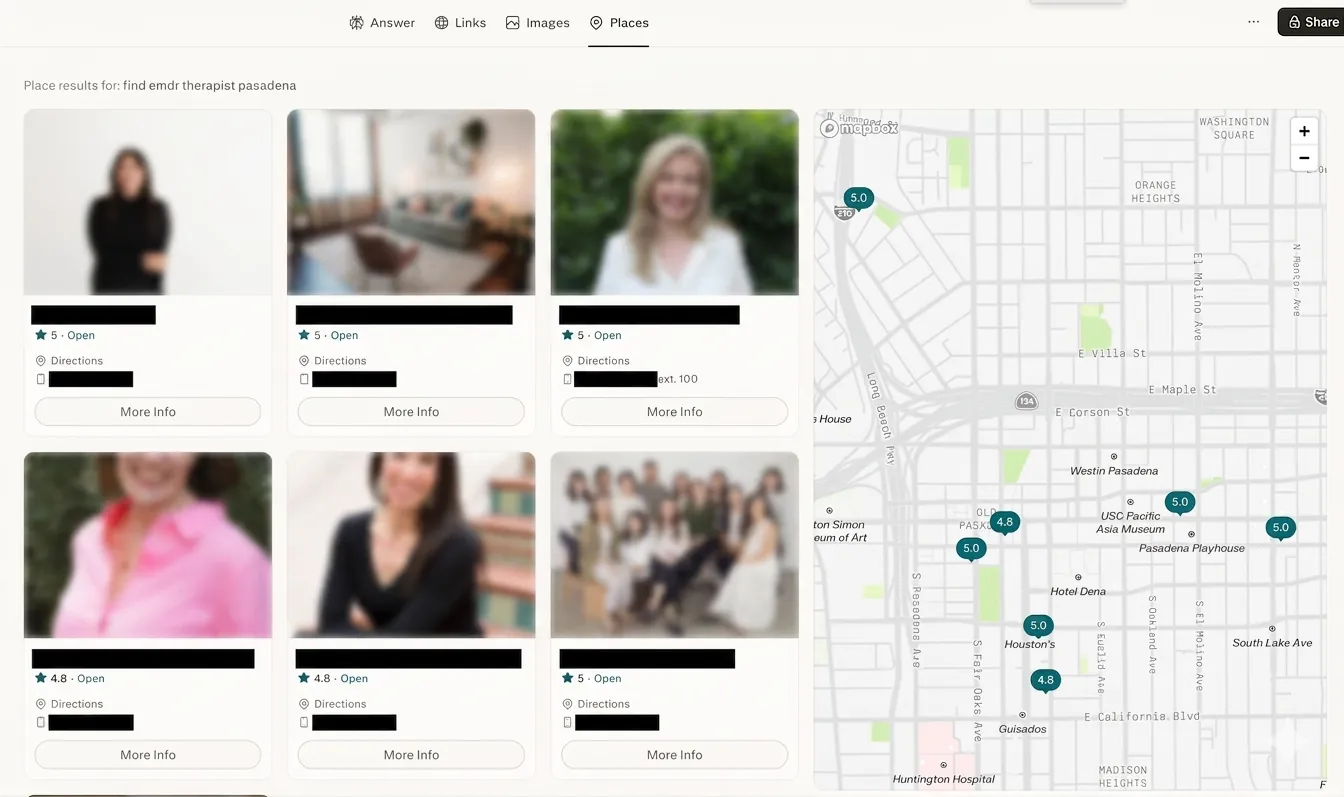 Perplexity Places results for an EMDR therapist search in Pasadena, showing practice cards with ratings, hours, and a map