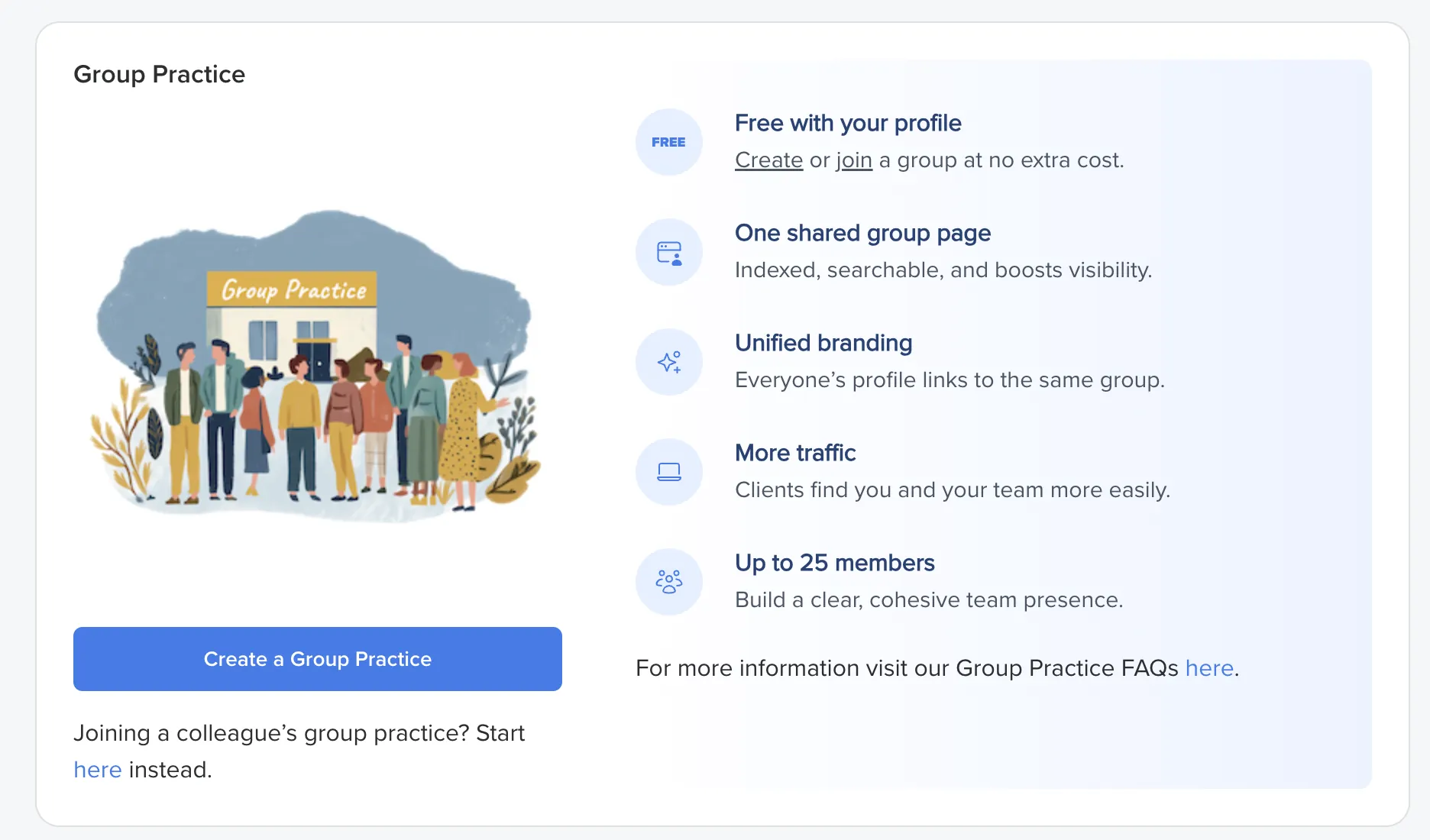 Psychology Today Group Practice feature page showing free pricing, up to 25 members, and a Create a Group Practice button