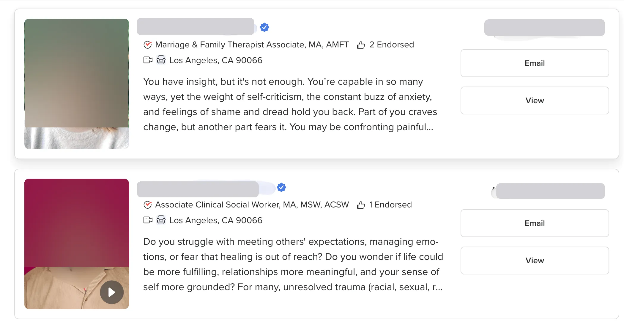 Psychology Today therapist search result item cards