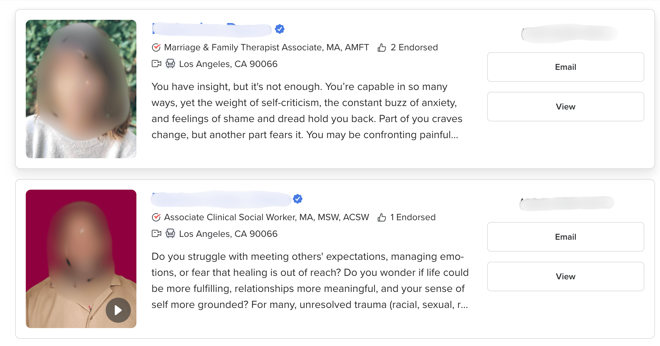 Psychology Today therapist search result item cards