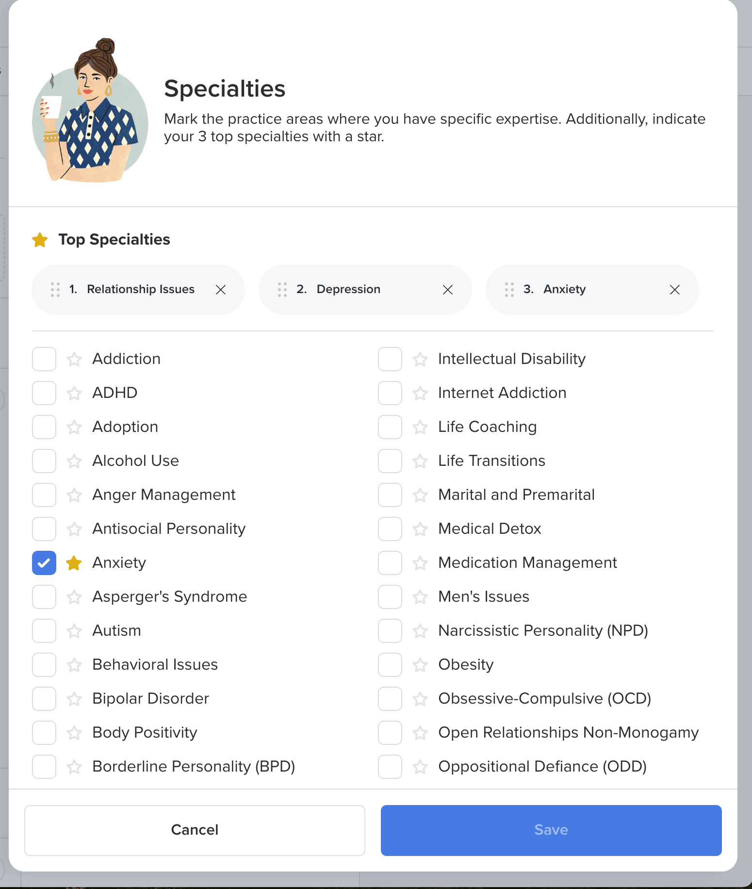 Psychology Today profile specialities editor drawer, with a checklist to select specialties and mark top 3 therapy specialties