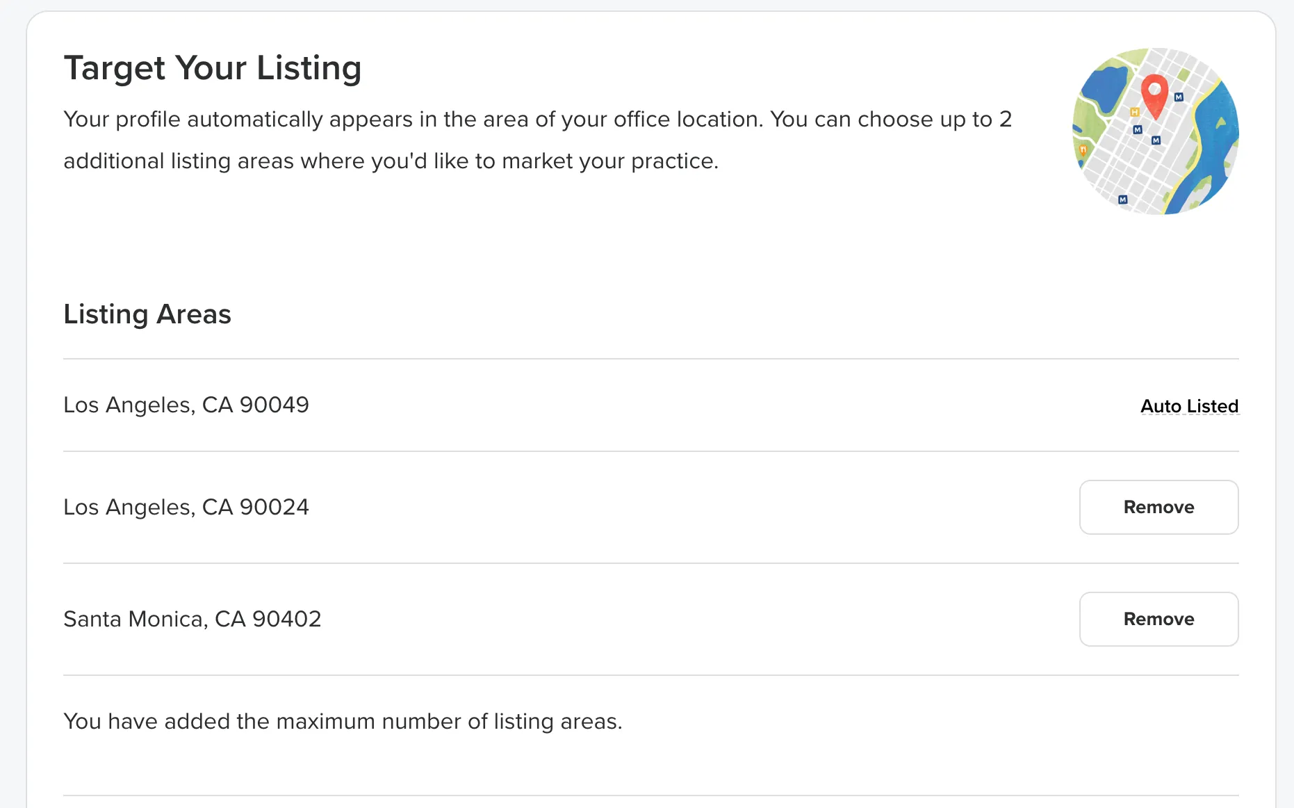 Psychology Today Target Your Listing dashboard showing three listing areas with Auto Listed label and Remove buttons