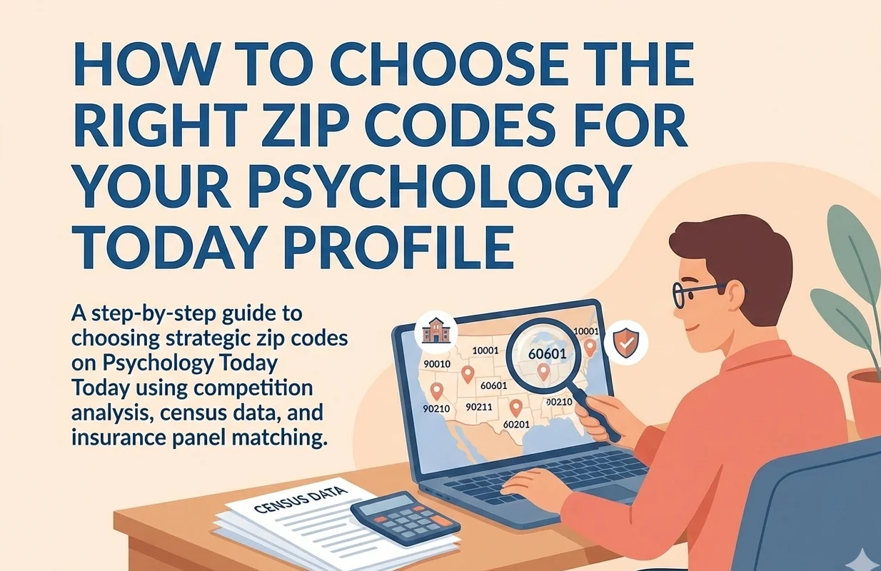 Psychology Today profile zip code strategy guide with map pins on a soft background