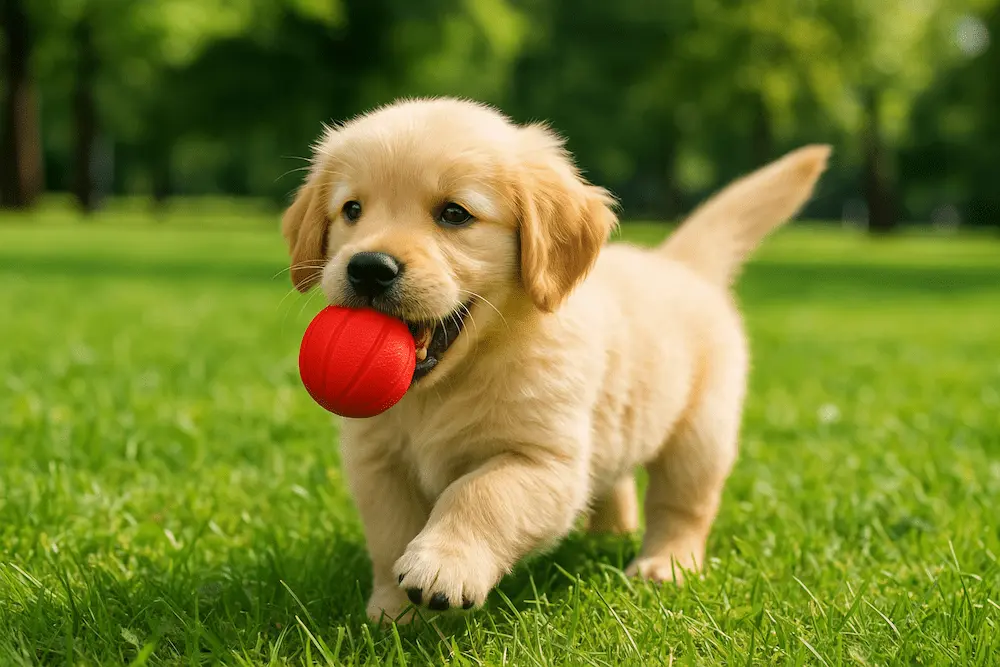 Golden retriever puppy playing with a red ball in a green park