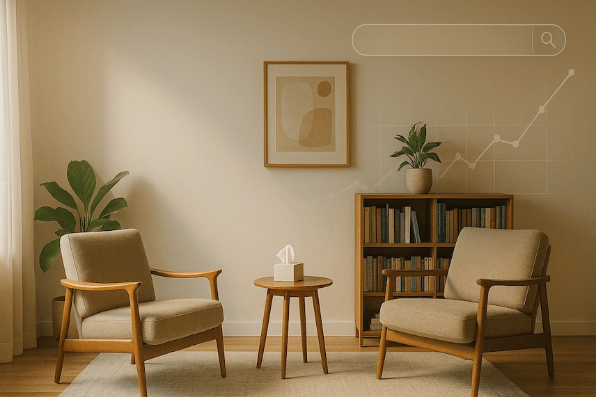 Cozy therapist office featuring mid-century chairs and a bookcase, with a light overlay of a search bar and growth chart indicating SEO results.