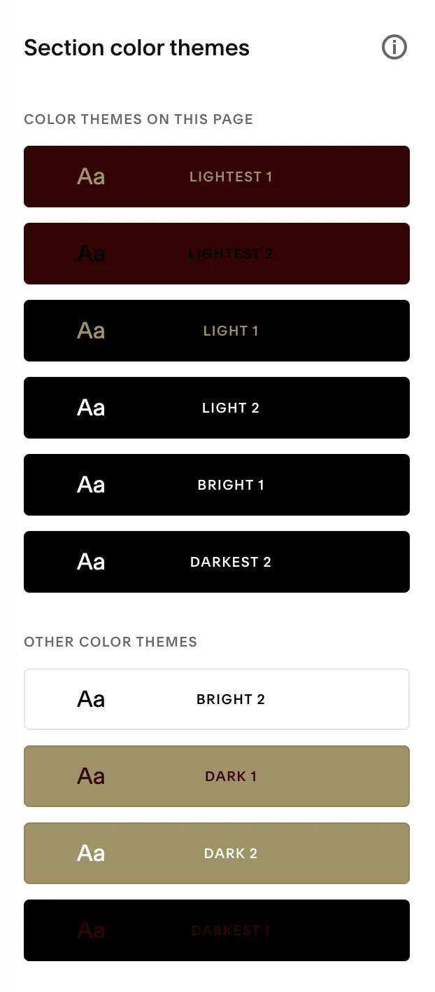 Squarespace theme panel with poorly mapped colors — gold text on black backgrounds and dark text on dark backgrounds, most themes unusable.