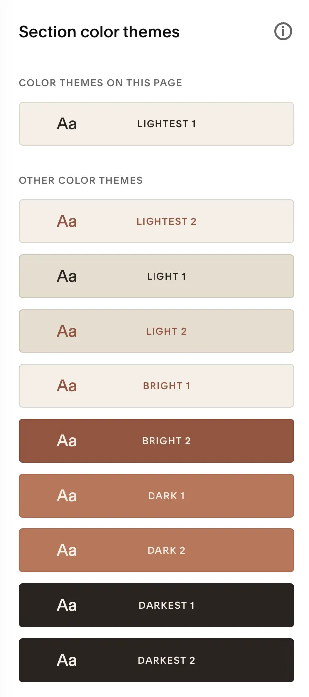Squarespace theme panel with properly mapped colors — dark text on cream backgrounds for light themes, cream text on terracotta for dark themes, all readable.