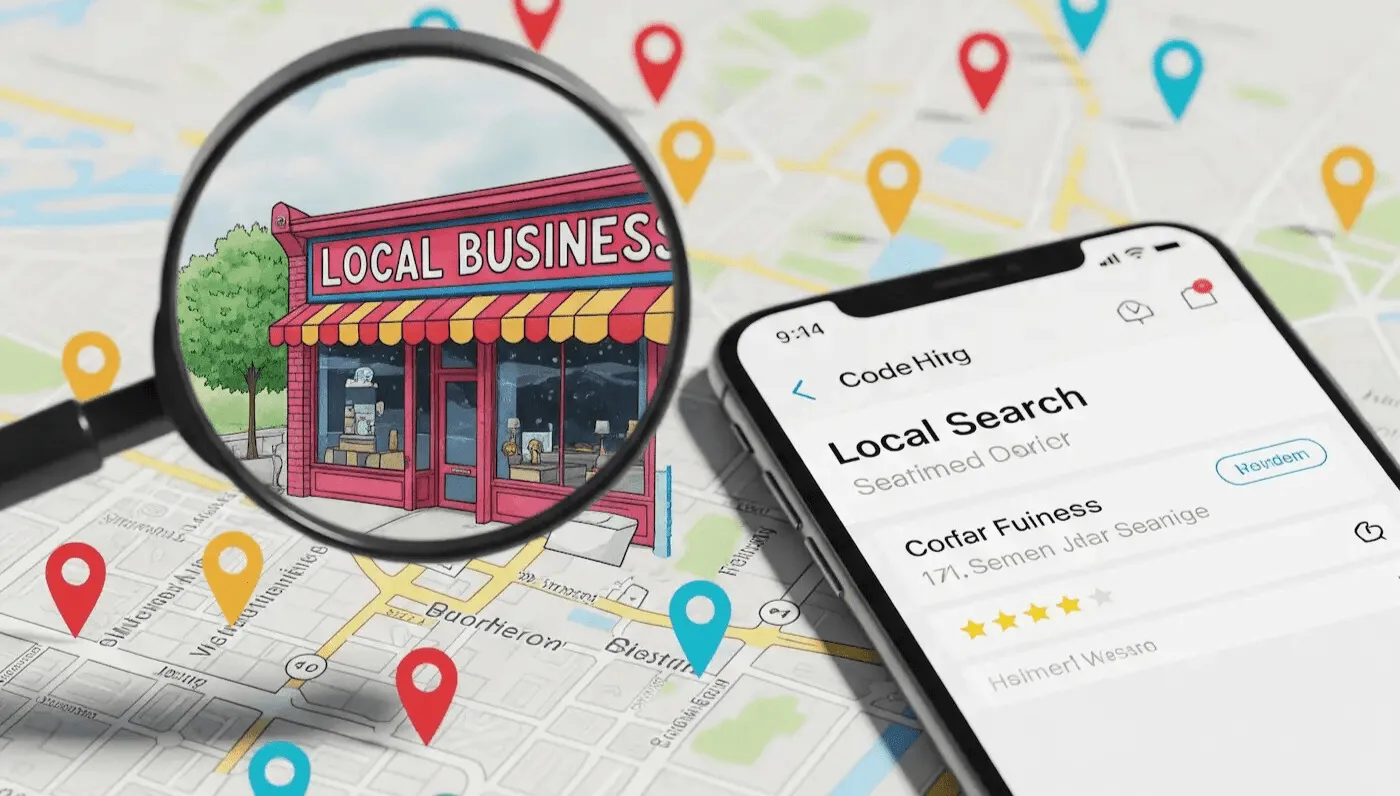 A map with numerous location pins, a magnifying glass magnifying a local business storefront, and a smartphone displaying a local search result with star ratings, illustrating local SEO.