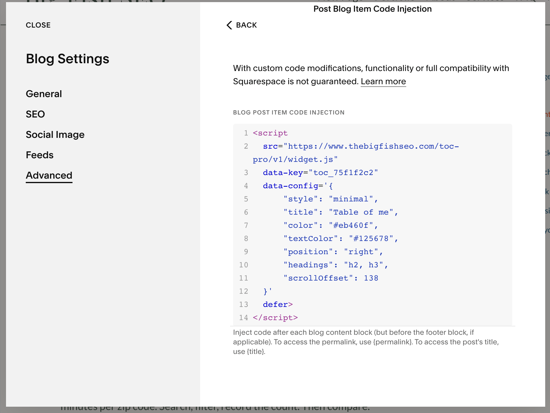 Squarespace Blog Settings Advanced tab with Code Injection field