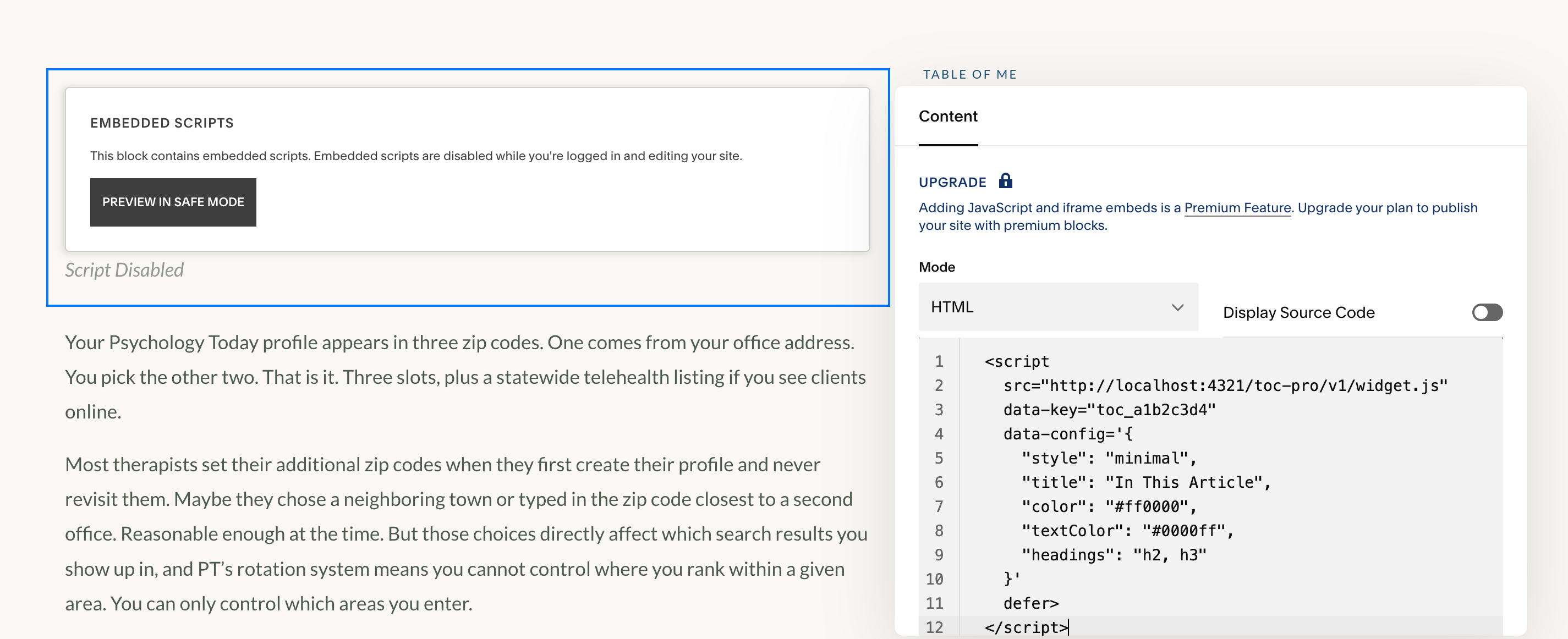 Squarespace code injection field with the TOC Pro script snippet pasted in